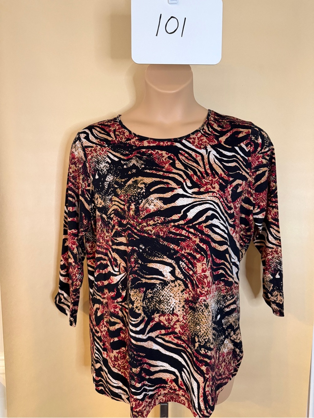 Anne Klein Black and Red Animal Print Long Sleeve Tee